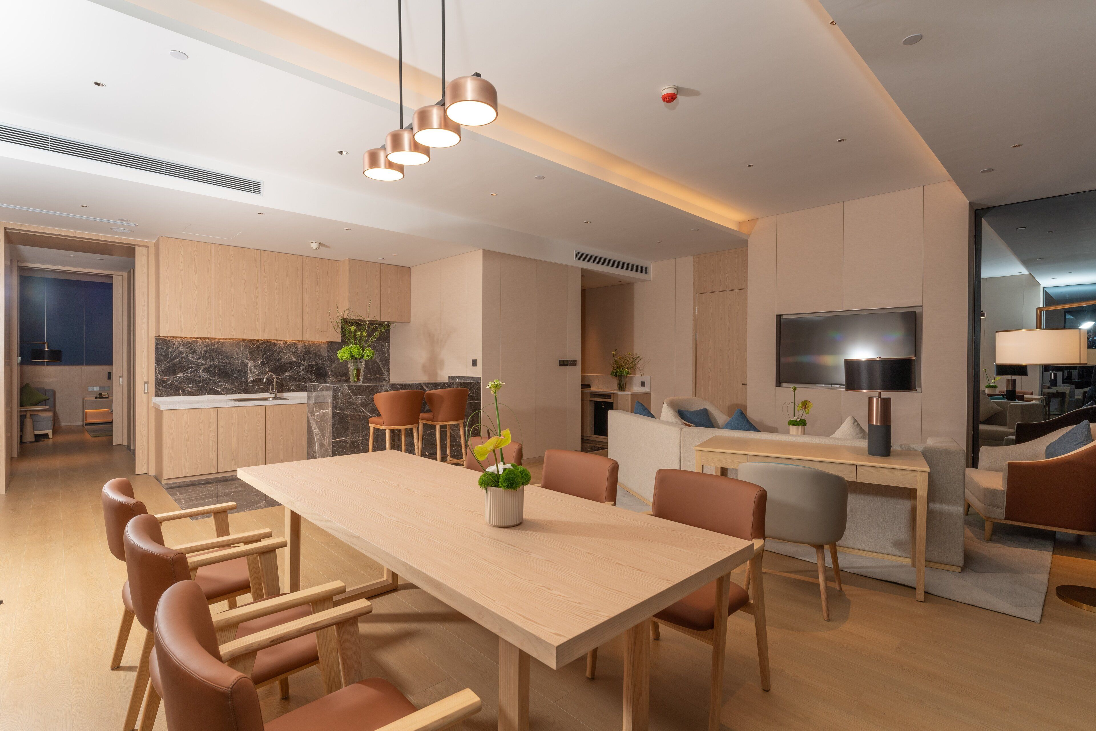 A modern kitchen with a dining area, a TV, and a sofa.