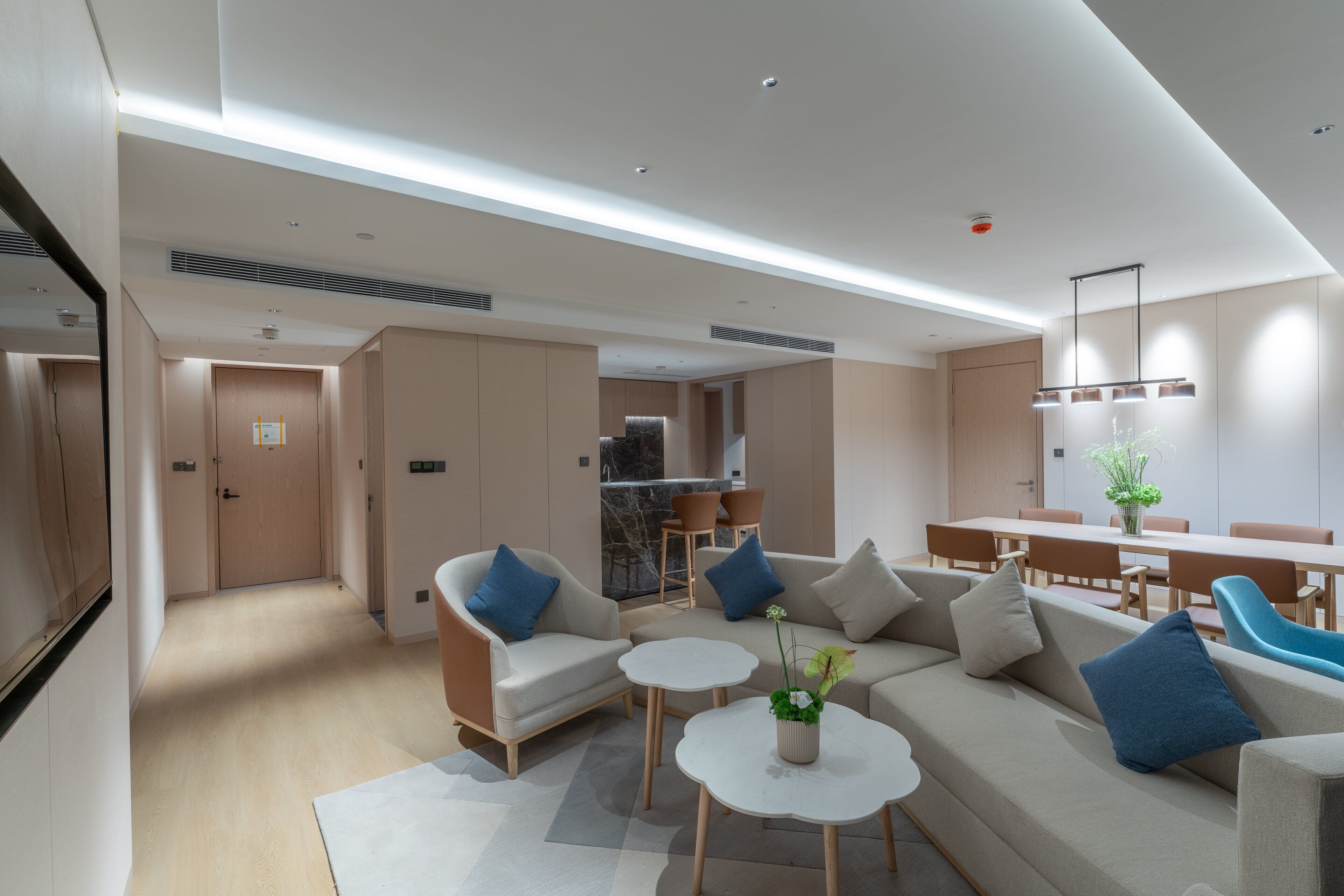 A modern living room with a sofa, chairs, and a dining area.