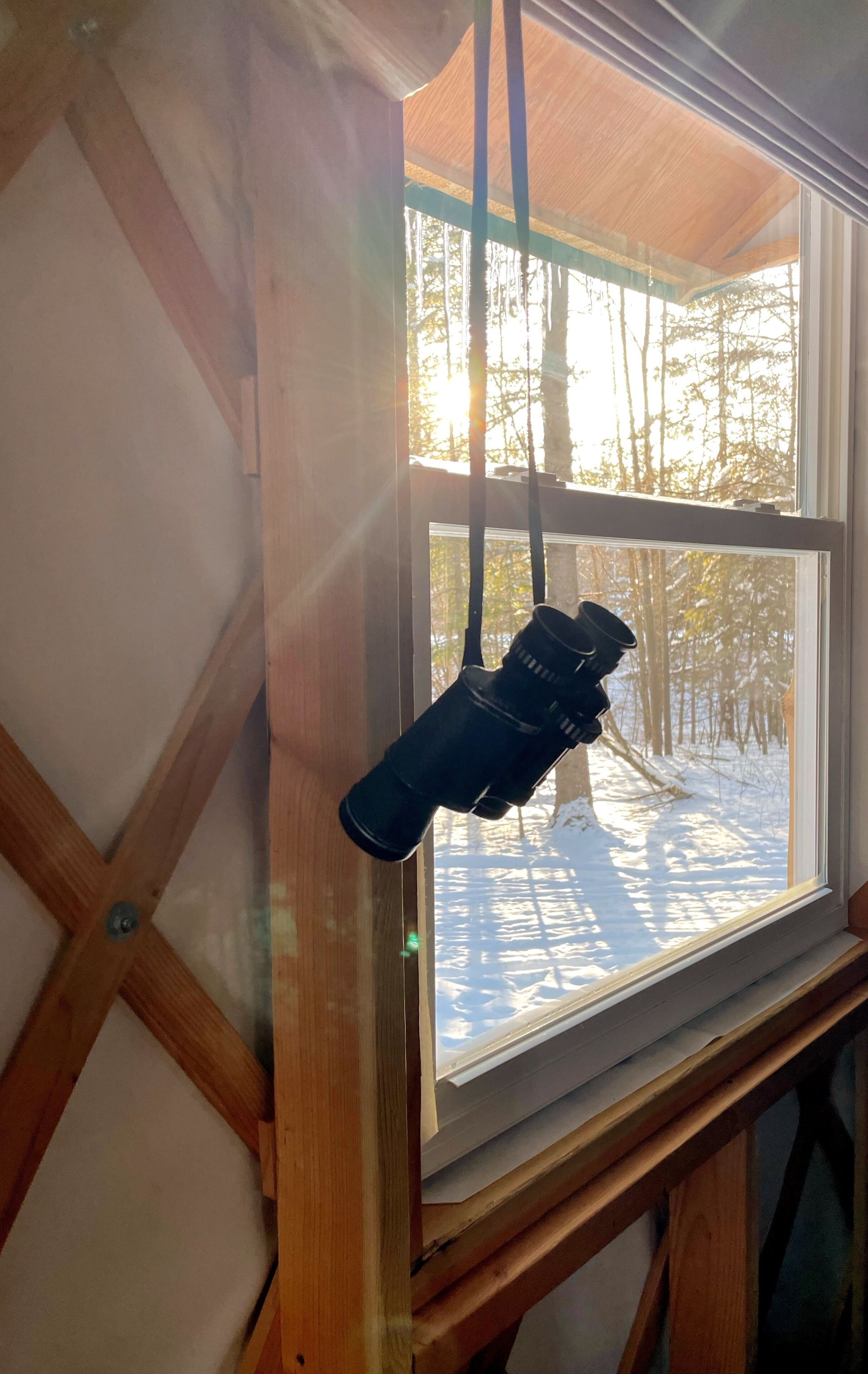 Un télescope suspendu près d’une fenêtre, avec une vue sur un paysage enneigé.