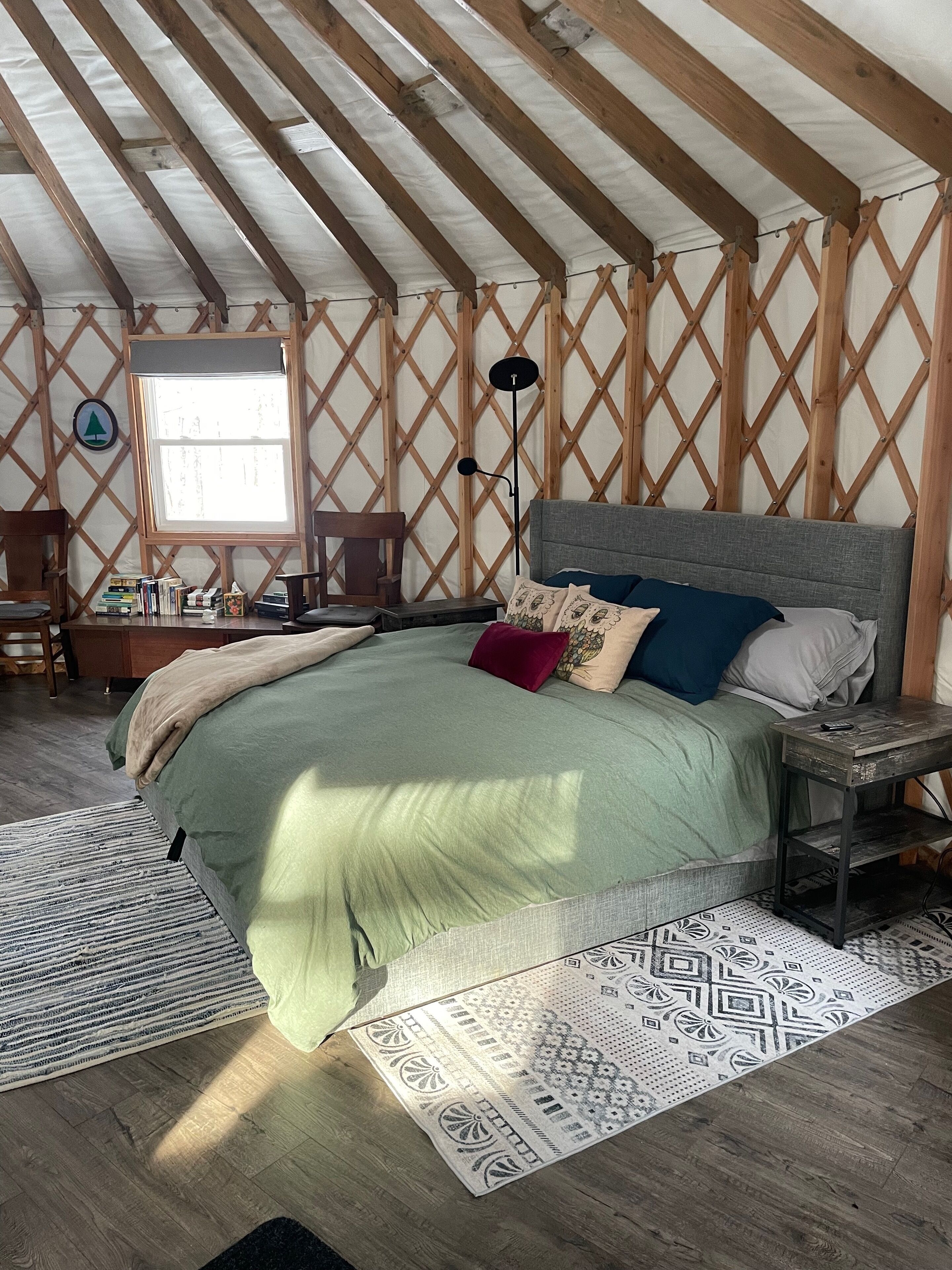 Une chambre confortable avec un lit, une table de chevet, un bureau et une chaise.