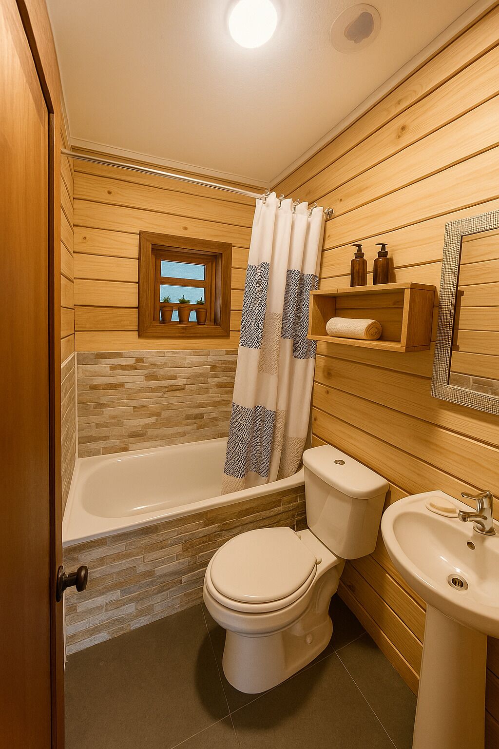 A bathroom with a wooden interior, a bathtub, a toilet, and a sink.