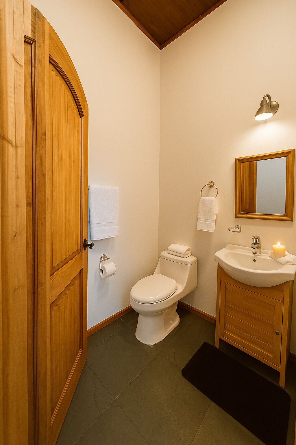 Une salle de bain avec une porte en bois, des toilettes, un lavabo et un miroir.