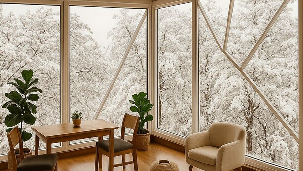 Een ruime kamer met een groot bed, een eettafel en stoelen. Er zijn grote ramen met uitzicht op besneeuwde bomen.
