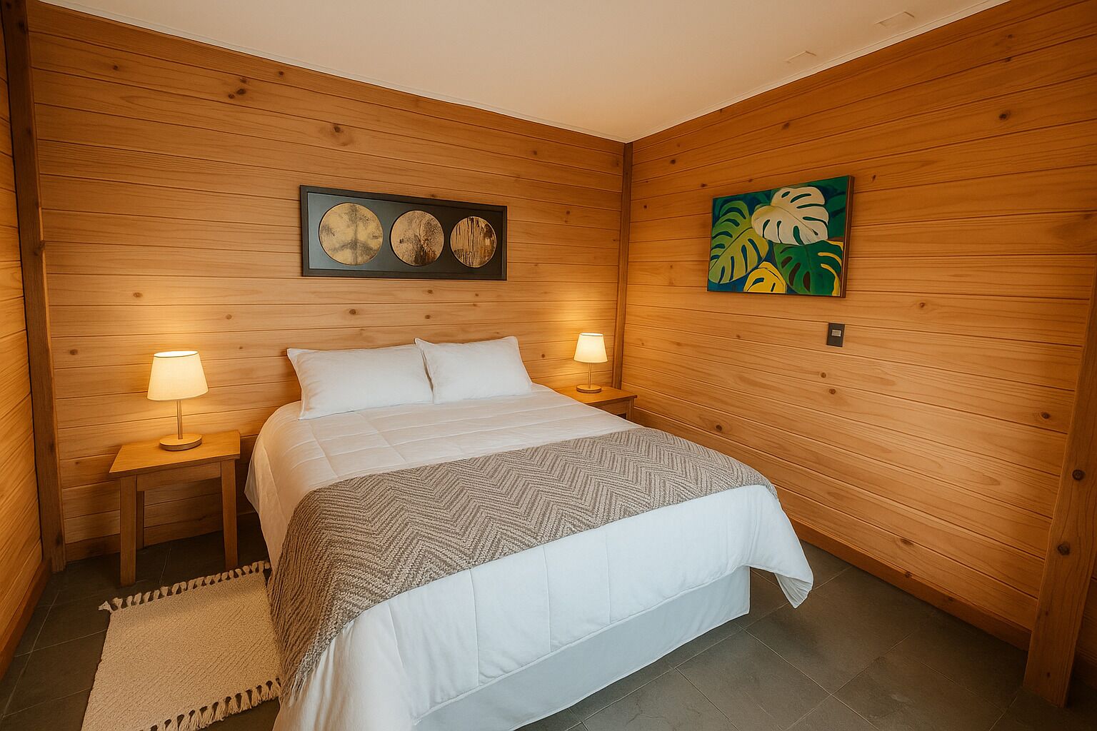 Un dormitorio con una pared revestida de madera, una cama con ropa de cama blanca, dos mesitas de noche con lámparas y un cuadro sobre la cama.