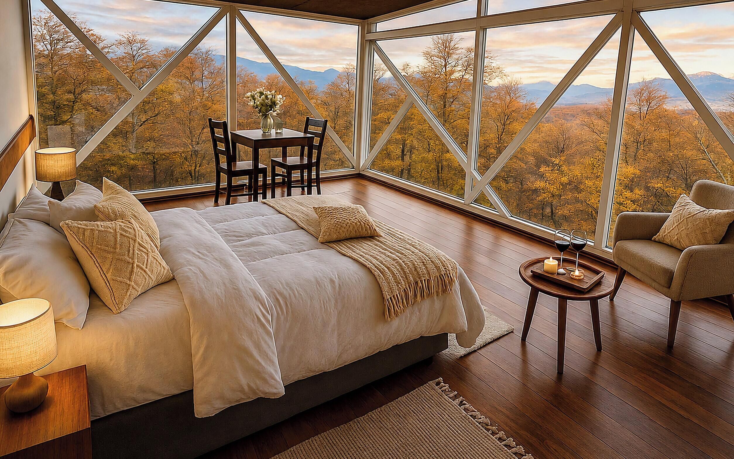 Una camera da letto con un letto grande, una sedia, un tavolo e vista su alberi autunnali e montagne attraverso ampie finestre.