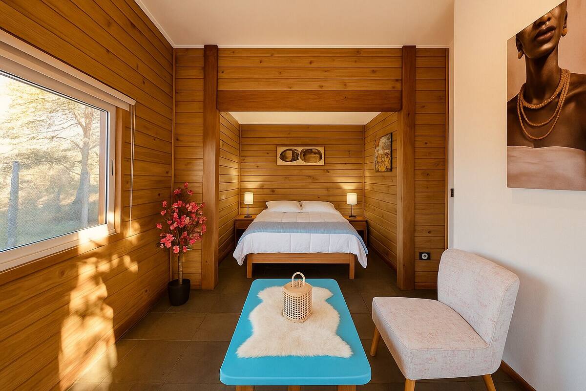 Dormitorio de cabaña de madera con cama, una silla, una mesa y una ventana.