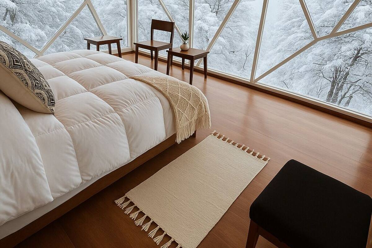 Un dormitorio con una cama grande, una mesita pequeña y una silla, todo con un diseño moderno.