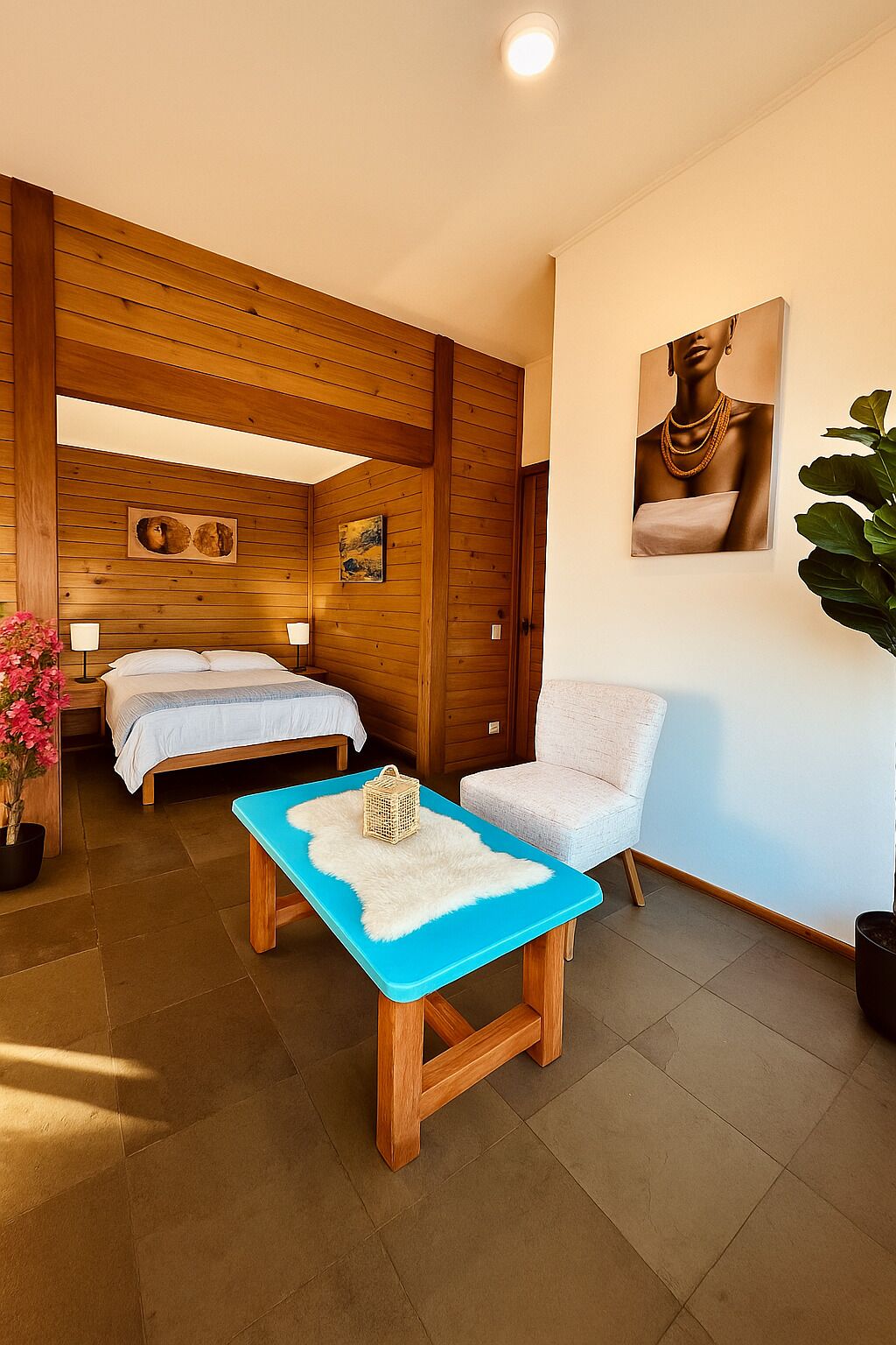 A hotel room with wooden paneling, a bed, a chair, a table with a blue top, and a painting on the wall.