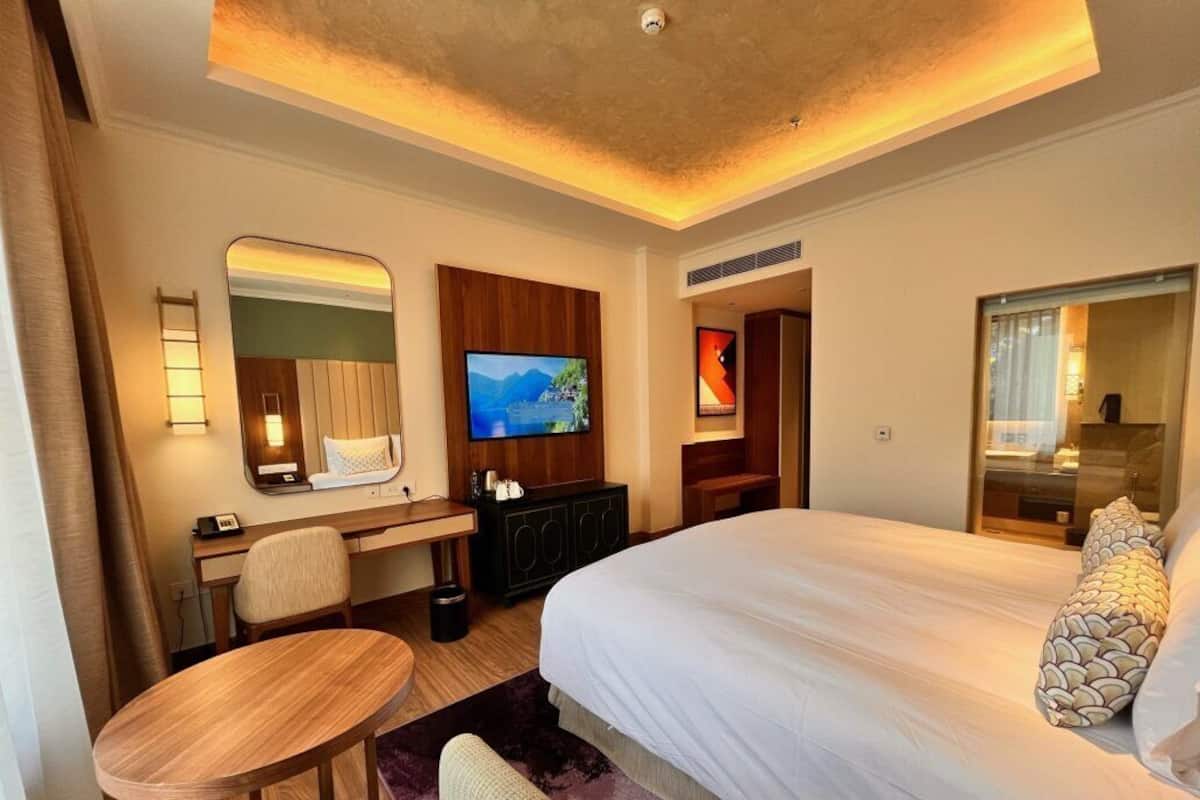 A hotel room with a large bed, a desk with a chair, a television, and a mirror.