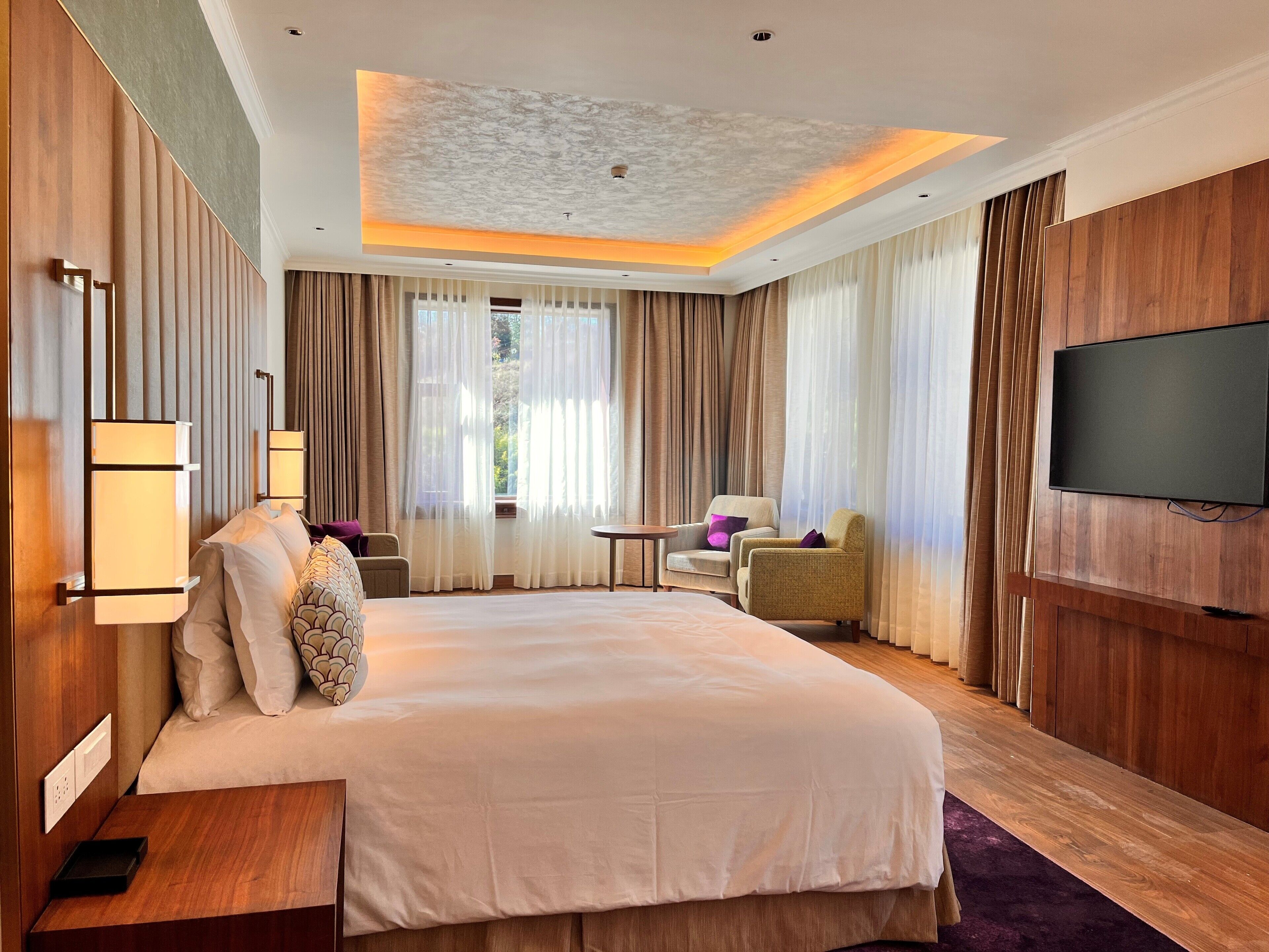 A hotel room with a large bed, a desk with a chair, a television, and a window with curtains.