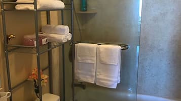 Hair dryer, towels, soap, shampoo