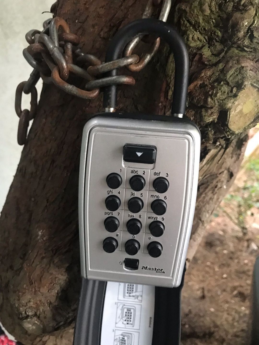 A padlock attached to a tree trunk.
