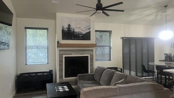 Smart TV, fireplace, video games, table football