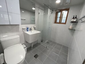 Hair dryer, towels, soap, toilet paper
