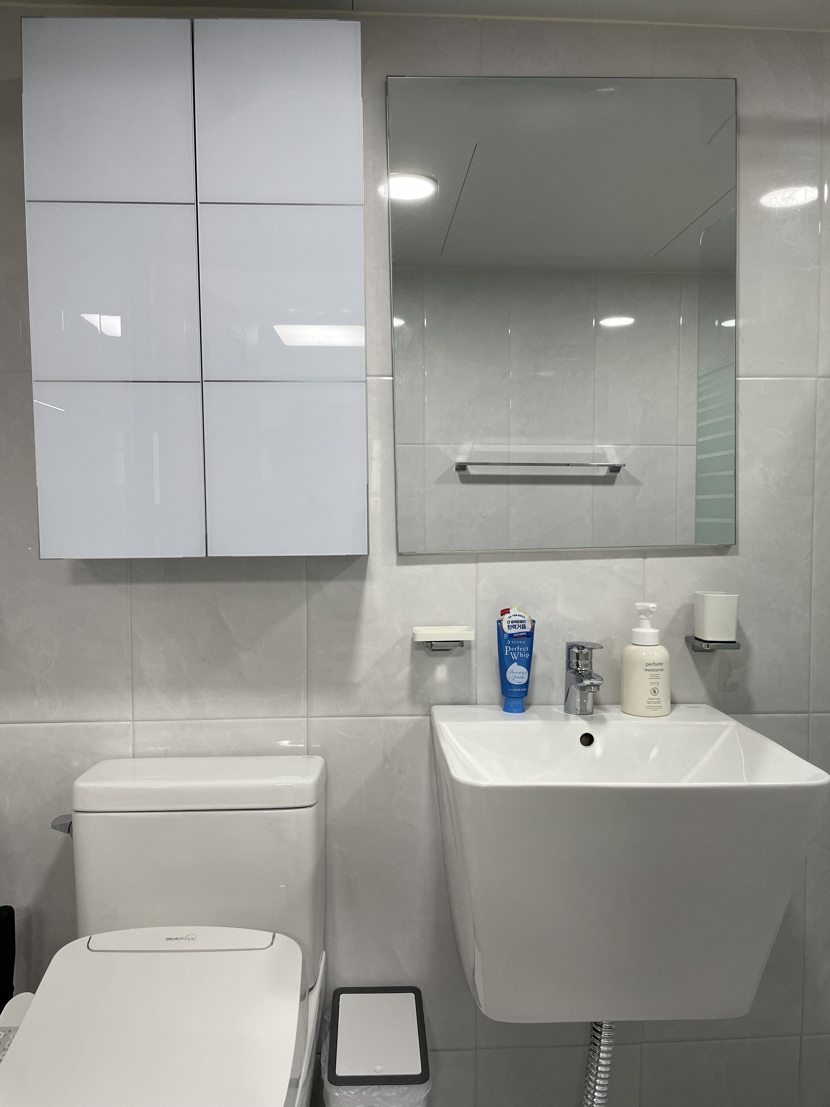 Hair dryer, towels, soap, toilet paper