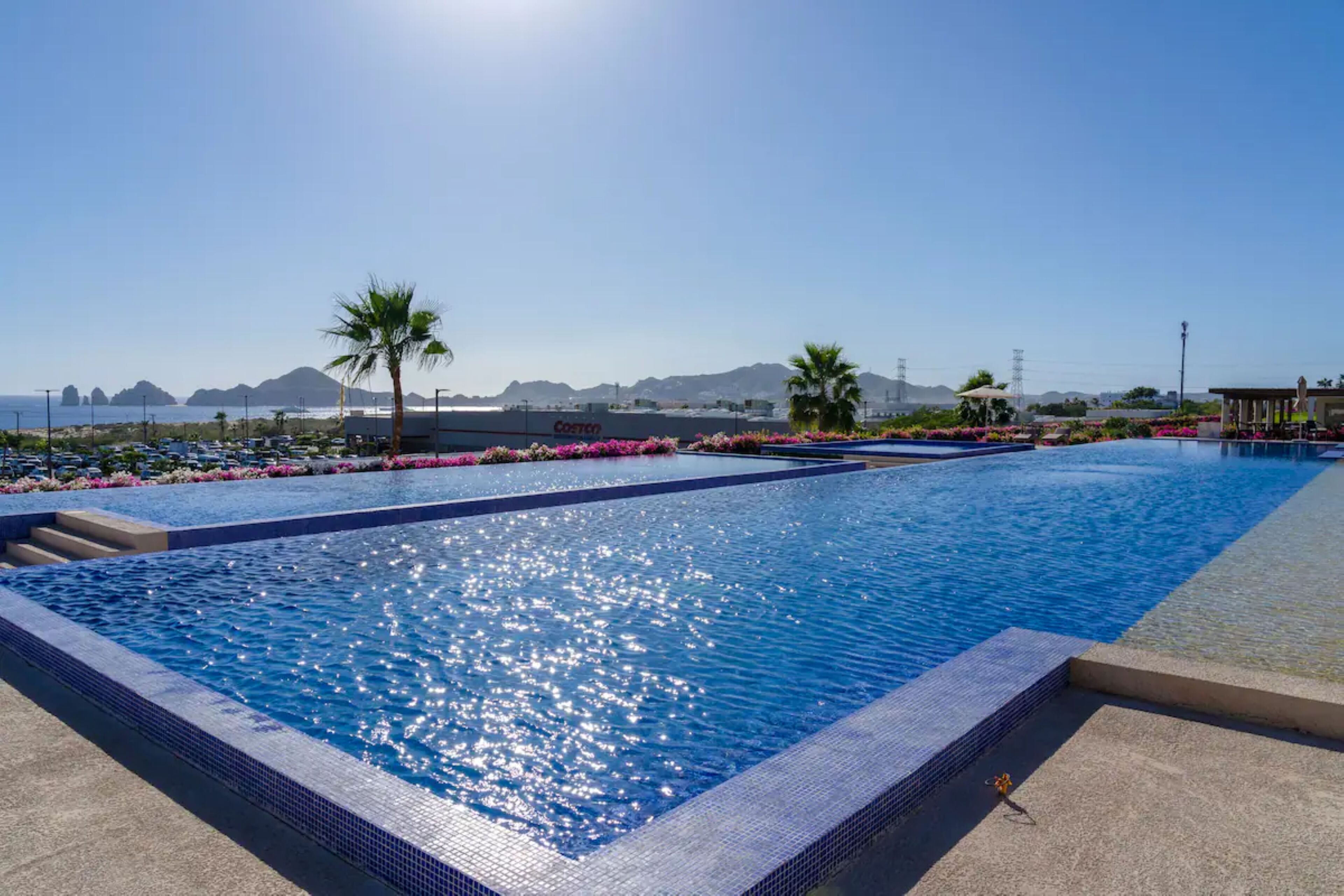 A swimming pool with clear blue water, surrounded by a tiled deck and palm trees.