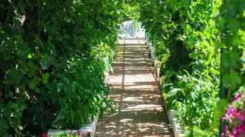 A pathway flanked by lush greenery and flowering plants, leading to a structure in the distance.