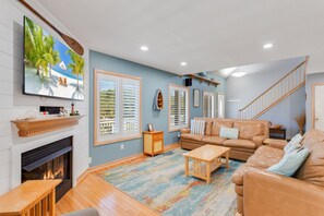 TV, fireplace, foosball