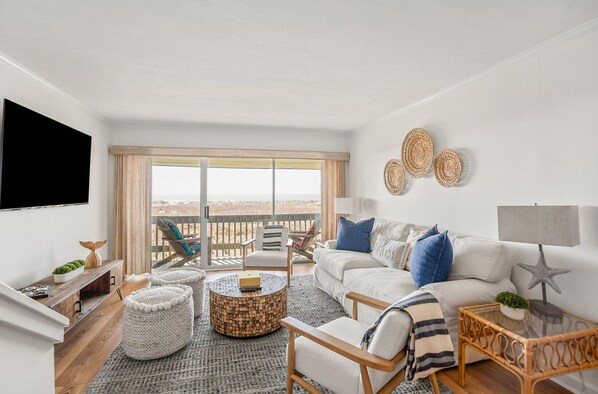 Villa, Multiple Beds, Kitchen, Ocean View | Living area | 50-inch flat-screen TV with cable channels - 409 Captain John Fripp Villa (Fripp Island)