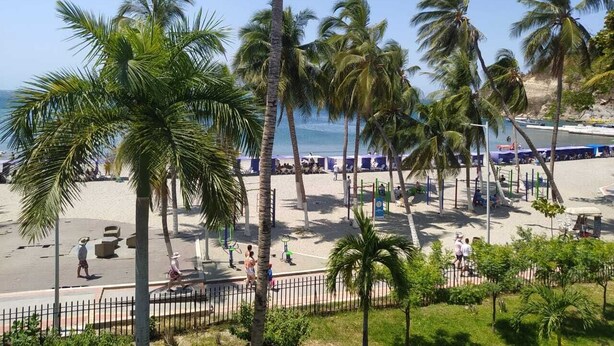 A beach with palm trees, a sandy shore, and people walking. - 7 min. from the most beautiful beach in Colombia, El Rodadero, Santa Marta, Colombia. (SANTA MARTA)