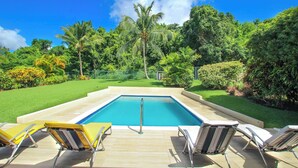 Una piscina rectangular con una superficie de agua azul cristalina, rodeada por una terraza de madera. Hay sillas de descanso con cojines amarillos y blancos alineadas a lo largo de la piscina. La piscina está ubicada en un jardín exuberante con diversas plantas y árboles verdes, incluyendo palmeras.