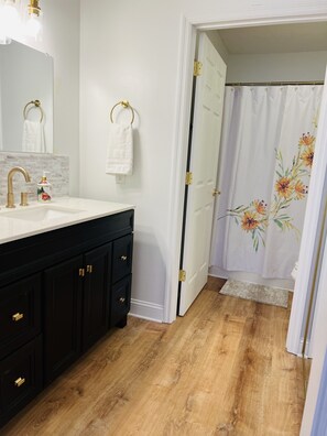 Hair dryer, towels, soap, shampoo