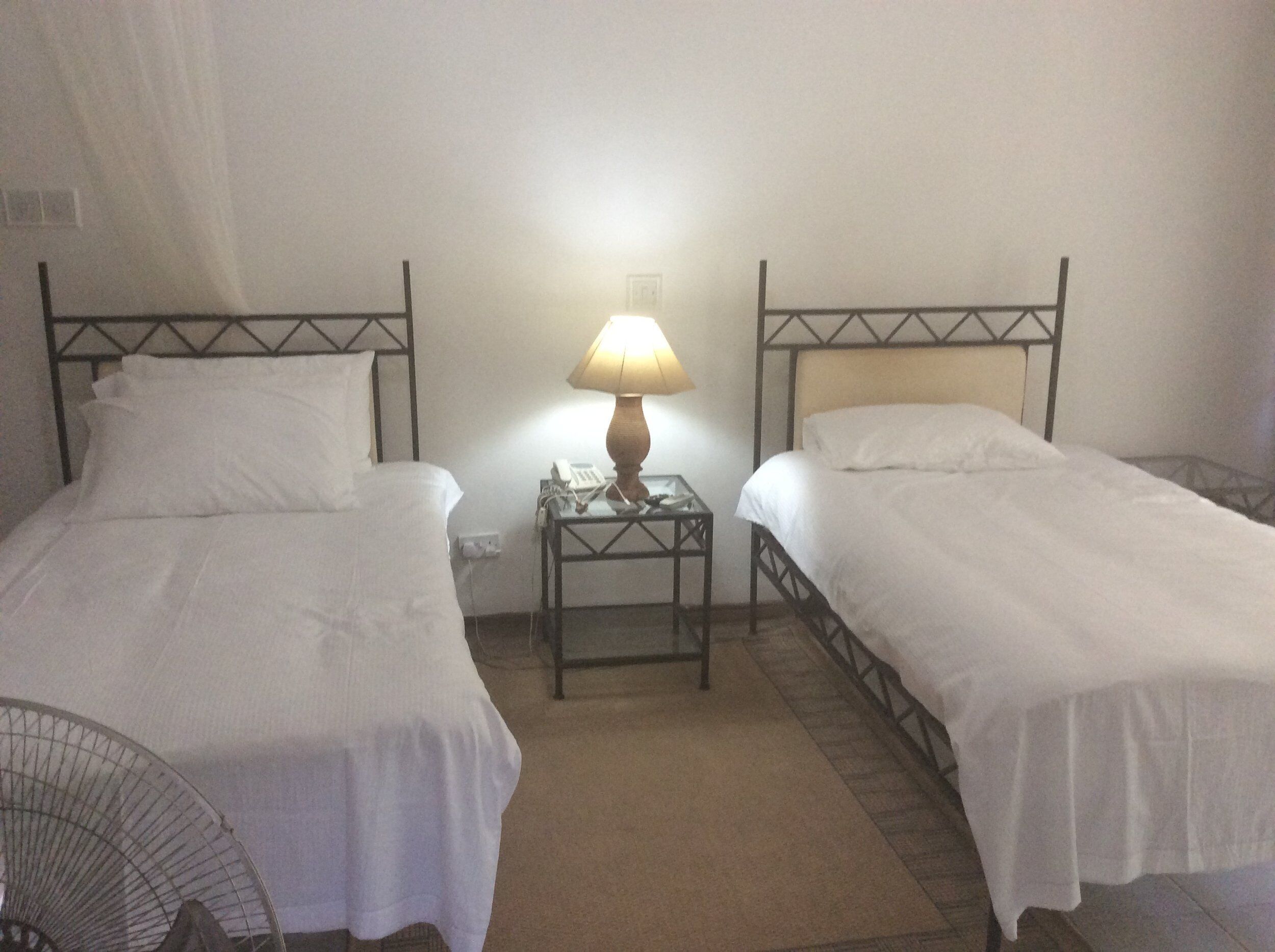 A hotel room with two single beds, a bedside table with a lamp, and a standing fan.