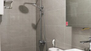 Une salle de bain moderne équipée de toilettes, d’une douche avec un pommeau de douche amovible et d’un lavabo.