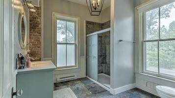 Hair dryer, towels, soap, shampoo