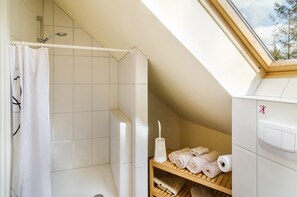 Shower, hair dryer, towels