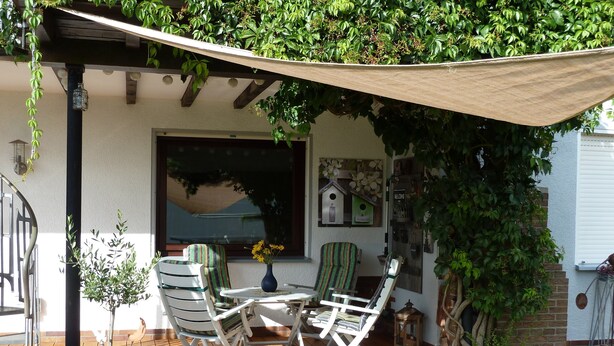 Une terrasse couverte avec une table et des chaises, une plante en pot et une fenêtre donnant sur un beau paysage.