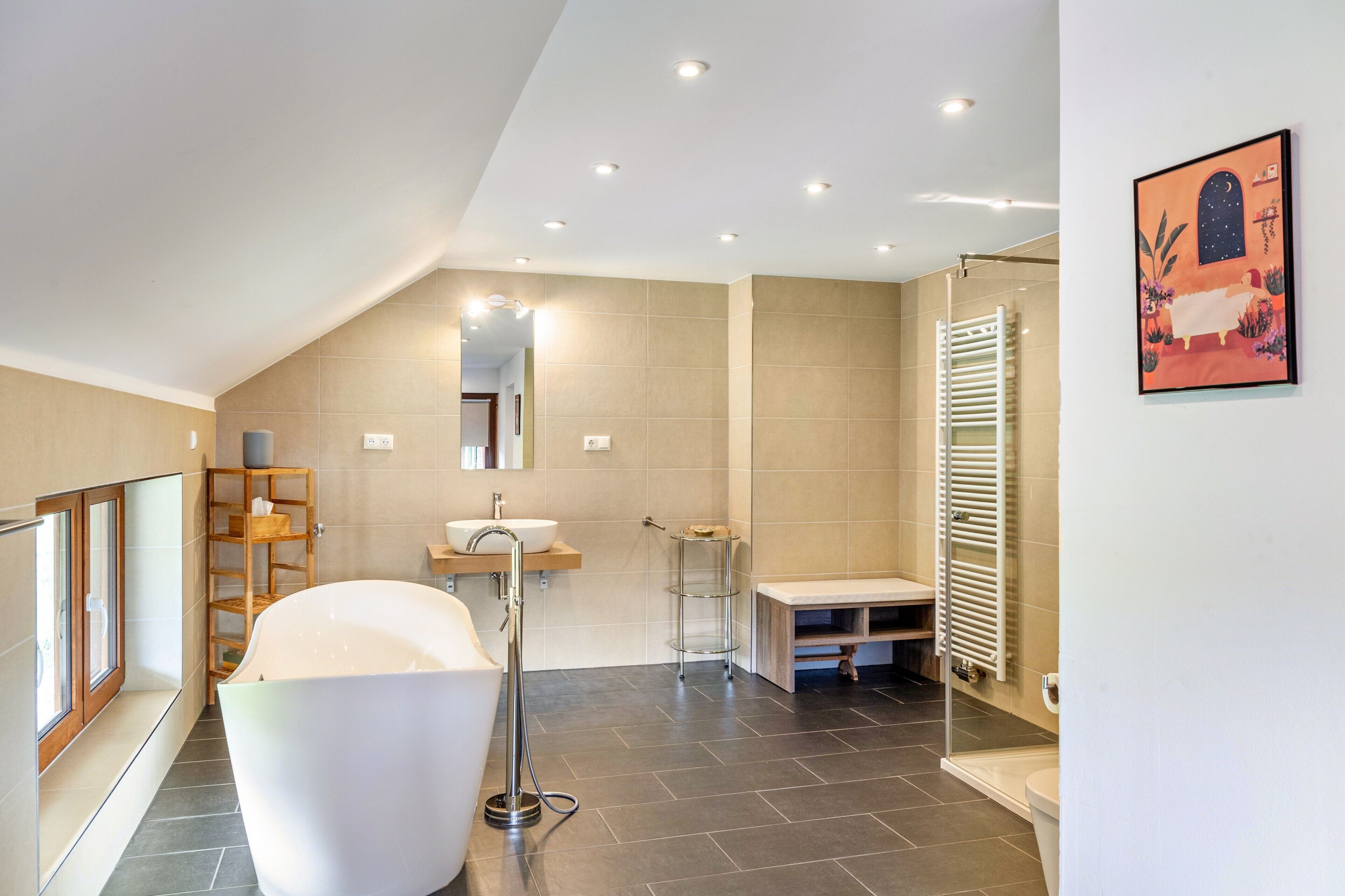 Shower, hair dryer, towels