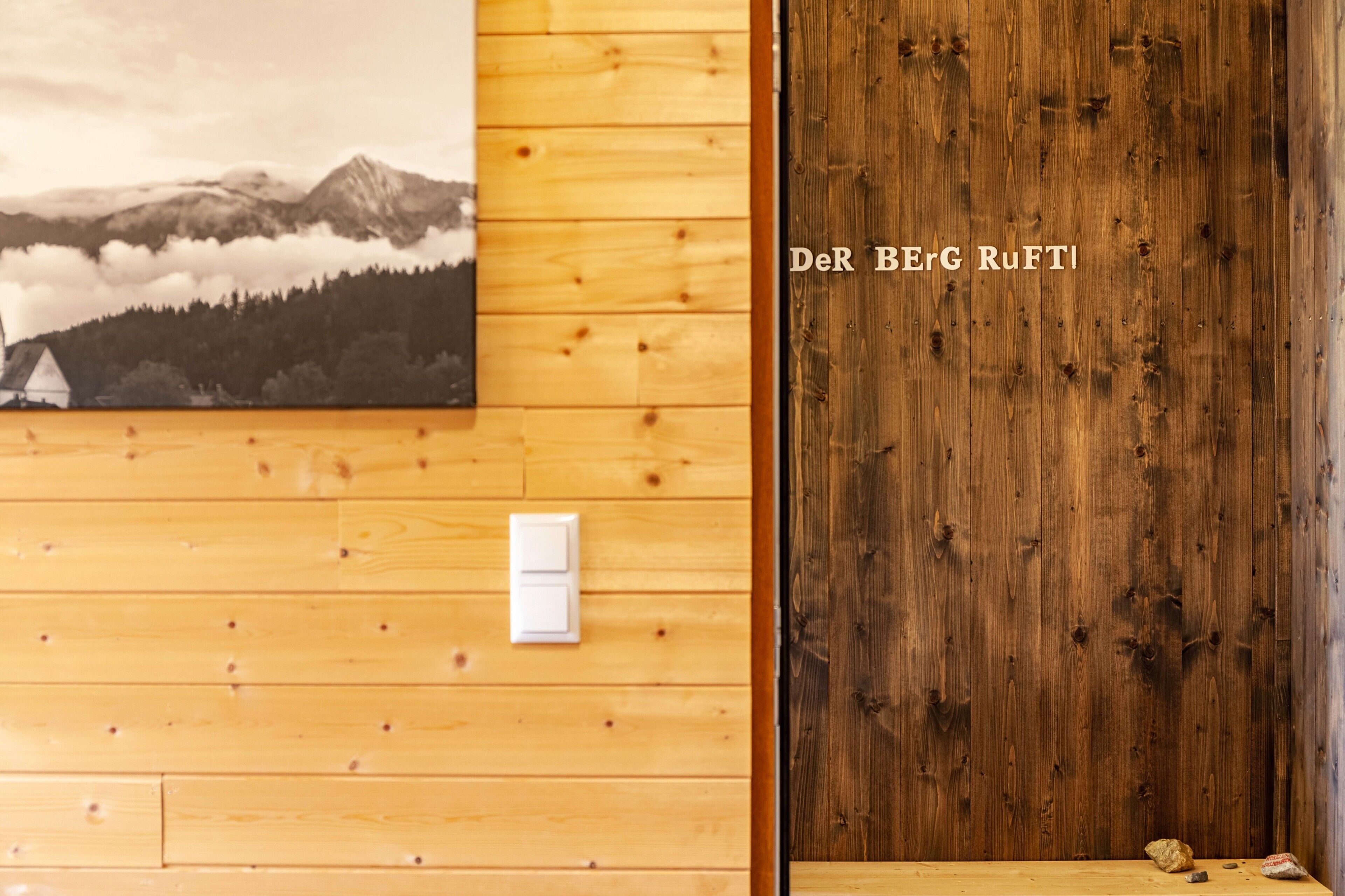 Un interior de madera con un interruptor de luz en la pared, una puerta de madera y un cuadro enmarcado de un paisaje montañoso.