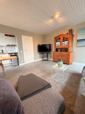 A living room with a sofa, a television, a cabinet, and a kitchen area in the background.