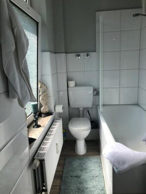 Shower, free toiletries, hair dryer, towels