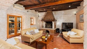 A cozy living room with stone walls, wooden beams, a fireplace, and two sofas. - Villa Damiana in Domijani i (Zminj)