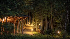 A pathway leading through a bamboo forest to a wooden pavilion with lights along the path. - Tsuwabuki-no-Hana (Higashisonogi)