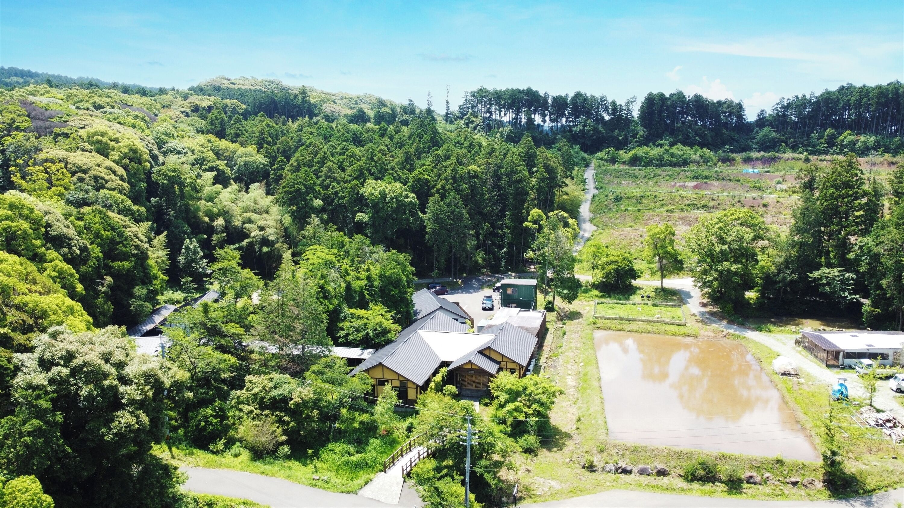 A rural setting with a small cluster of houses surrounded by dense forest. There is a visible road leading through the area, and a small pond is present near one of the houses.