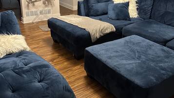 Smart TV, fireplace, books