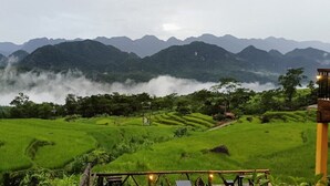 A view of terraced rice fields with a mountain range in the background. - Pu Luong May Home & Cafe  (Pu Luong)