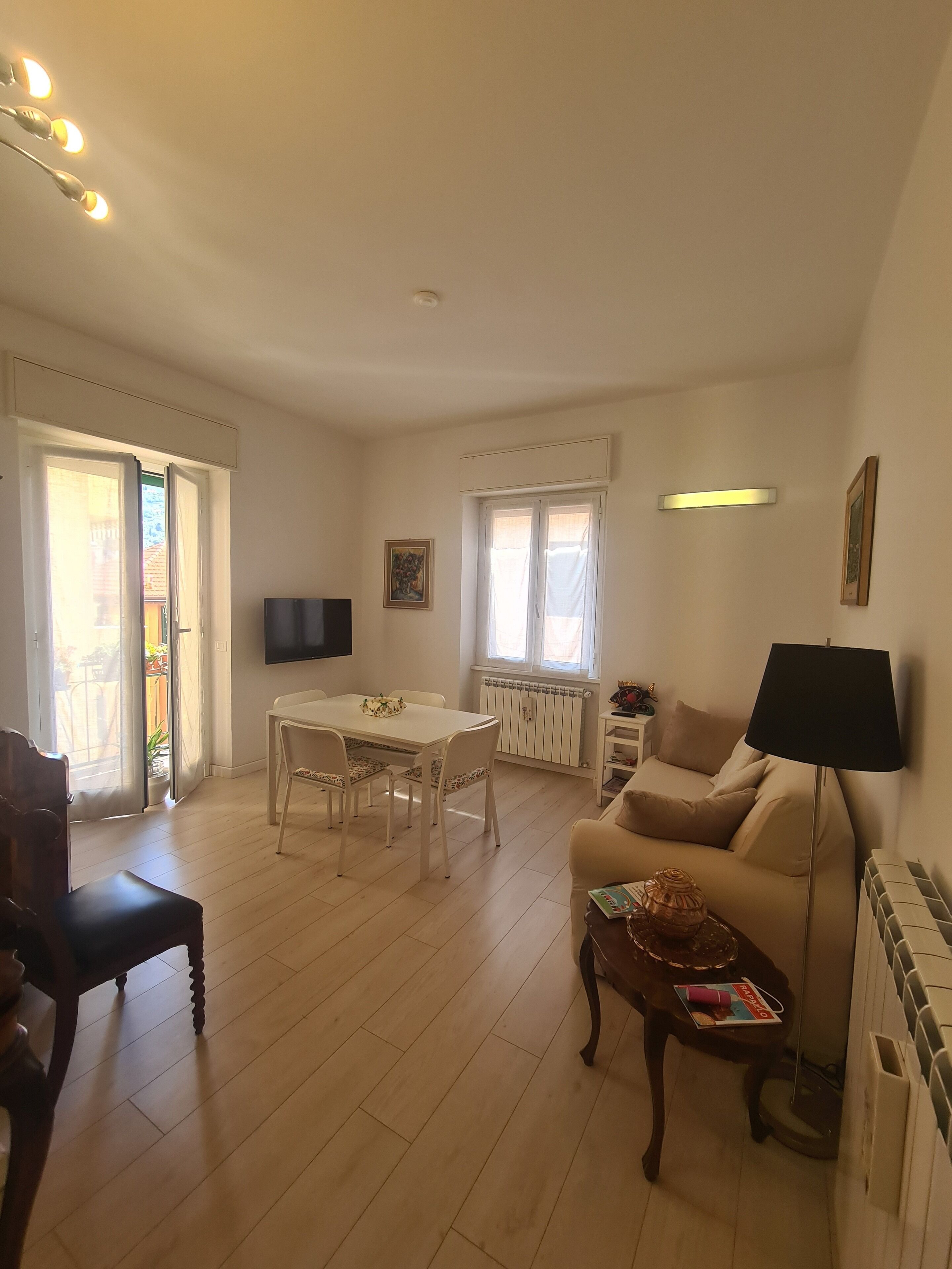 A living room with a sofa, a coffee table, a TV, a dining table with chairs, and a window with curtains.