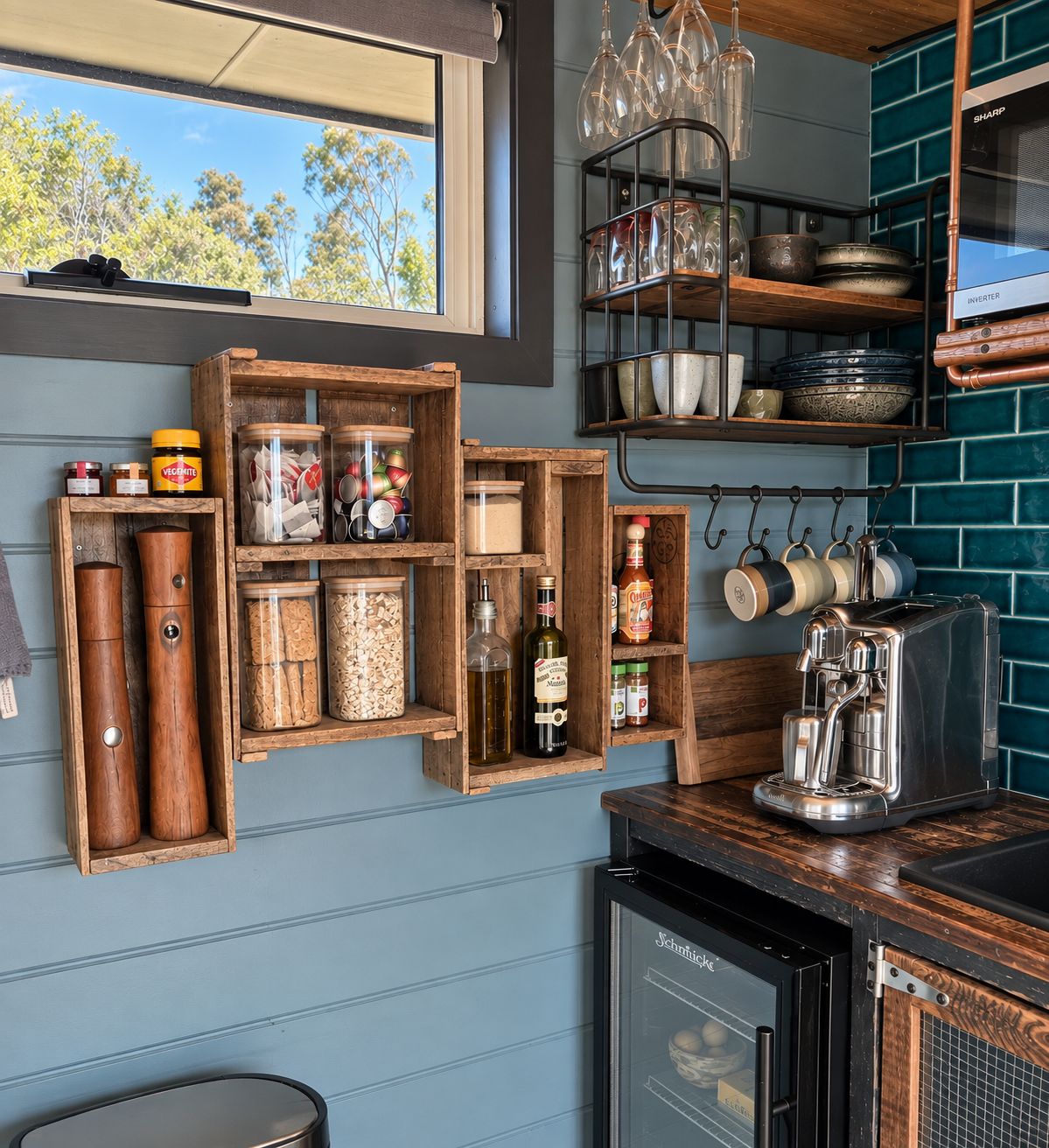 Una cocina con estantes de madera que sostienen frascos, botellas y utensilios de cocina.