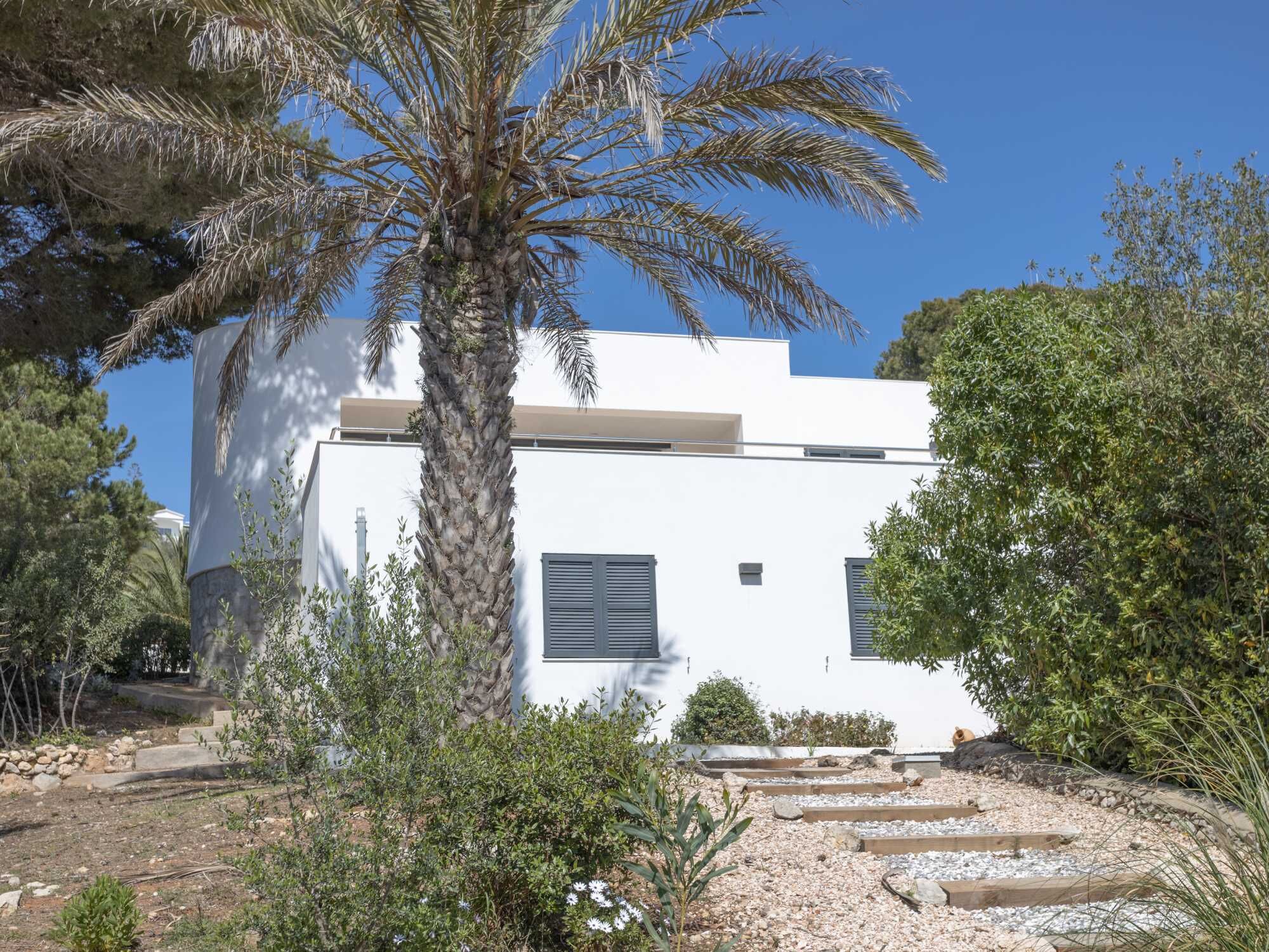 Un bâtiment moderne de couleur blanche, avec un palmier au premier plan, entouré de verdure et bordé d’un chemin de gravier.