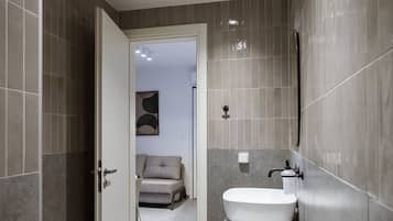 Shower, hair dryer, towels, toilet paper
