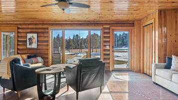 Smart TV, fireplace, foosball