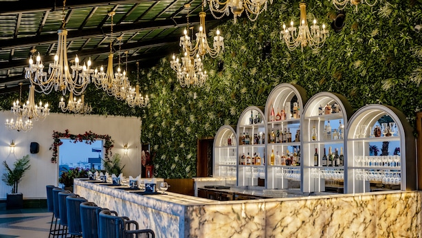 A bar area with a marble counter, multiple bar stools, and a green leafy wall. - M2 Square by Monday Premium (Nagpur)