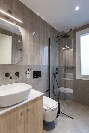 Shower, hair dryer, towels, toilet paper