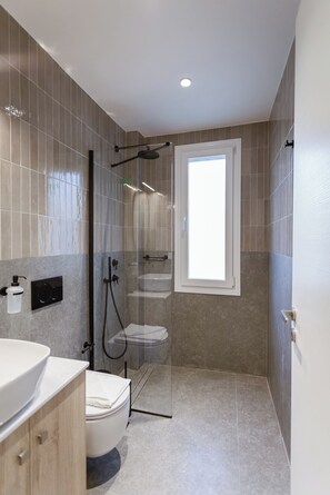 Regadera, secadora de cabello, toallas, papel de baño 