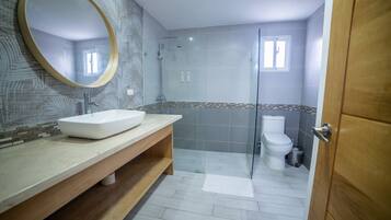 Shower, towels, soap, toilet paper