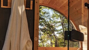 A wooden cabin with a glass door, a towel hanging on the wall, a wooden bench, and a fireplace.
